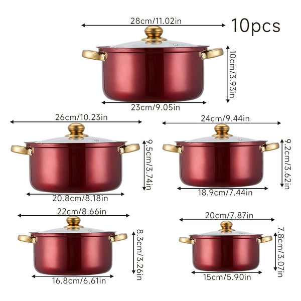 10PCS Multifunctional Stainless Steel Soup Pot Set, Milk Pot for Daily Kitchen Cooking, Hot Pot and Instant Noodles, Sturdy Gold-Plated Handles, Red