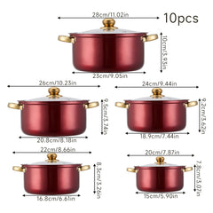 10PCS Multifunctional Stainless Steel Soup Pot Set, Milk Pot for Daily Kitchen Cooking, Hot Pot and Instant Noodles, Sturdy Gold-Plated Handles, Red
