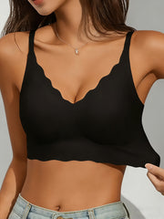 Elegant Wireless Comfort Bra With Wave-Edge | Solid Color, Non-Removable Padding, Patched Detail