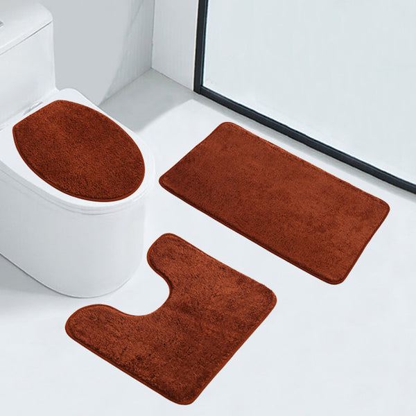 3-Piece Bathroom Rug Set - Plush Water Absorbent Mat, U-Shaped Contour Toilet Mat & Lid Cover for Tub/Shower