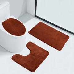 3-Piece Bathroom Rug Set - Plush Water Absorbent Mat, U-Shaped Contour Toilet Mat & Lid Cover for Tub/Shower