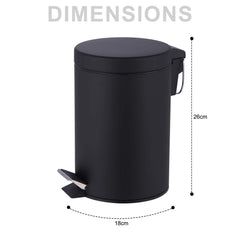 3L Pedal Bin Round Matt Black - Stainless Steel Pedal Bin with Lid - Household Rubbish Bin for Bathroom, Kitchen & Office - Rustproof Dustbin with Removable Plastic Container - Garbage