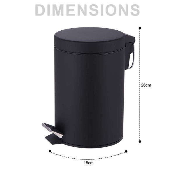 3L Pedal Bin Round Matt Black - Stainless Steel Pedal Bin with Lid - Household Rubbish Bin for Bathroom, Kitchen & Office - Rustproof Dustbin with Removable Plastic Container - Garbage