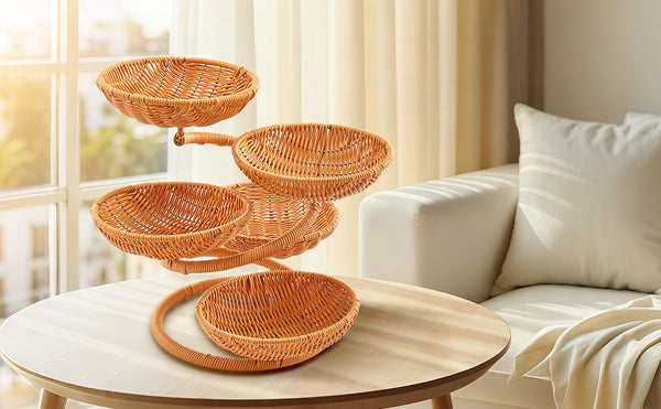 Multi-Layer Fruit Basket Stand, Creative Snack & Bread Storage Tray, Faux Rattan Handwoven Serving Basket for Fruits, Vegetables & Desserts, Lightweight Decorative Organizer for Kitchen & Living Room