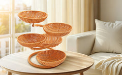 Multi-Layer Fruit Basket Stand, Creative Snack & Bread Storage Tray, Faux Rattan Handwoven Serving Basket for Fruits, Vegetables & Desserts, Lightweight Decorative Organizer for Kitchen & Living Room