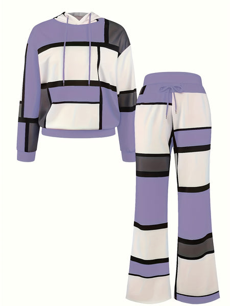 Casual Color Block 2pcs Set, Long Sleeve Hooded Top And Drawstring Pants, Women'S Clothing