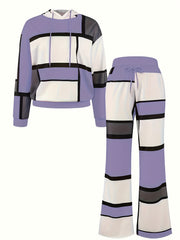 Casual Color Block 2pcs Set, Long Sleeve Hooded Top And Drawstring Pants, Women'S Clothing