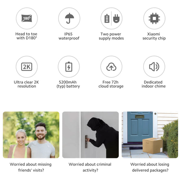 Xiaomi Smart Doorbell 3s,180° Ultra-Wide View 2k Resolution,Superior Night Vision,Professional Ip65 Water,Two Power Supply Modes 5200mah Battery, Free, Rolling 72-Hour Cloud Storage