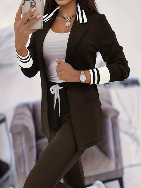Fashionable Elegant Solid Color Casual Street Striped Suit and Pants Set