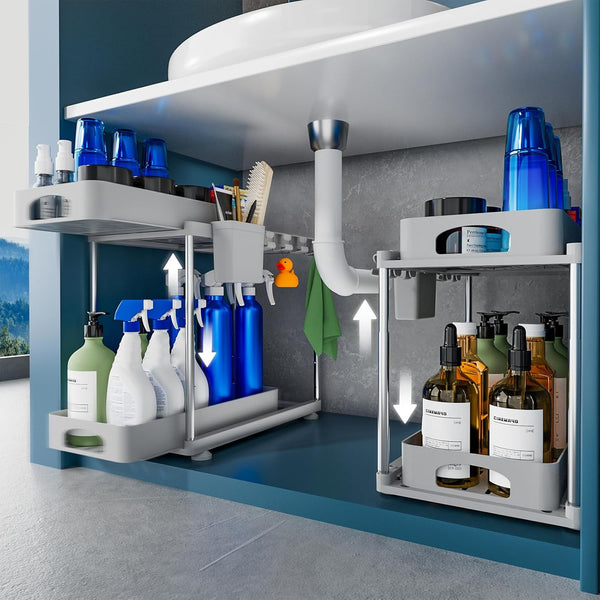 VERIFOST under Sink Organizer (2 Pack), 2 Tier under Sink Organizer, Adjustable Height Cabinet Organizer and Storage, in Blue