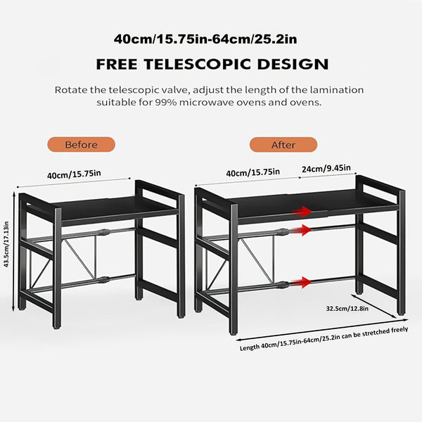 2/3-tier Expandable Microwave Oven Rack Countertop with 4 Hooks, Includes A Chopstick Holder, Cutting Board Holder, And 3 Towels. Kitchen Storage And Organization; Adjustable From 40-64cm; Suitable for All Kitchens (black, White).