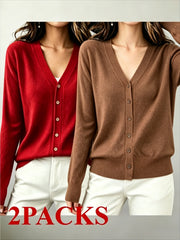 2pcs (2-Pack) Women's Soft Cardigan Sweater - V-Neck Button Button-Front Closure, -Line Regular Fit Button Collar Sweaters Suitable for Daily Wear, Spring/Summer Blouses for Office, Casual & Layering