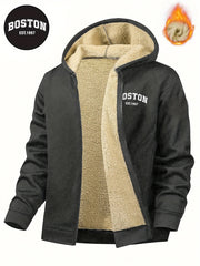 Men's Casual Zip-Up Hooded Jacket with Letter Print, Black & Beige Contrast, Regular Fit, Machine Washable, Front Pockets for Outdoor & Casual Attire