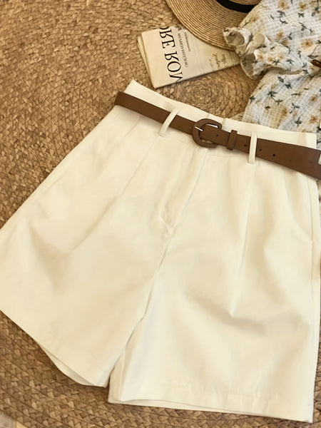 Elegant Women'S Three-Piece Set, Solid Color Shorts with Zipper Pockets, Four Seasons Casual Formal Wear, Beige, Black, Brown, Comfortable Fabric