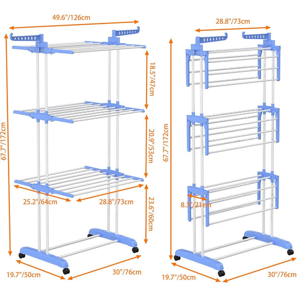 4 Tier Large Clothes Airer with Wings, Retractable Folding Drying Rack with Wheels for Indoor & Outdoor Use, 190 × 64 × 170 cm, Grey