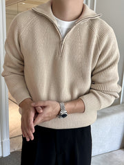 Men's Solid Color Minimalist Raglan Sleeve Thick Zip-Up Sweater for Autumn/Winter