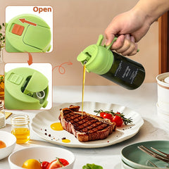 2 Kitchen Glass Olive Oil Bottles with 6 Stickers, Oil Dispenser and Cooking Spray Device, 16oz Premium Dark Green Glass Oil Bottle, Perfect Cooking Tool for Grilling, Camping, and Salads, Nozzle Design for Easy Cleaning, Suitable for Cooking