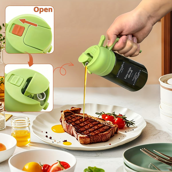 2 Kitchen Glass Olive Oil Bottles with 6 Stickers, Oil Dispenser and Cooking Spray Device, 16oz Premium Dark Green Glass Oil Bottle, Perfect Cooking Tool for Grilling, Camping, and Salads, Nozzle Design for Easy Cleaning, Suitable for Cooking