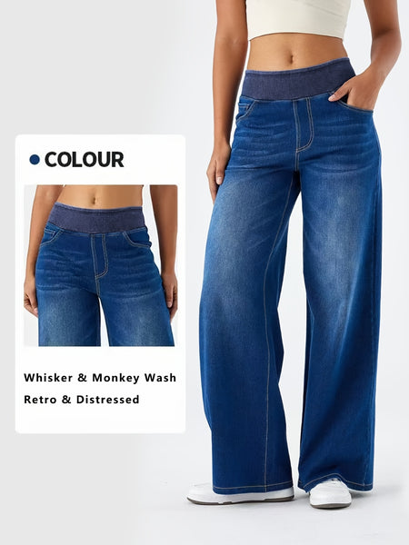 Women's High-Waisted Stretch Wide-Leg Jeans - Elastic Waist Denim Pants with Water-Washed Texture
