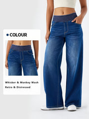 Women's High-Waisted Stretch Wide-Leg Jeans - Elastic Waist Denim Pants with Water-Washed Texture