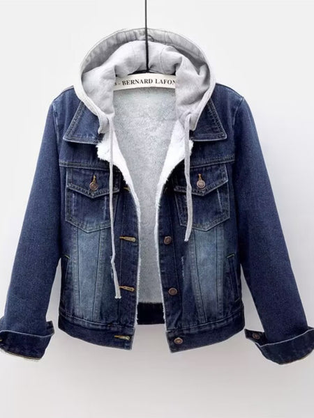 Women's denim hooded winter jacket with pockets - Warm panel design, detachable hood, casual autumn/ winter jacket, comfortable for outdoor wear, Women's winter denim, Cold Weather Wear, Seasonal Fashion, Retro Style, Quality Stitching, Casual Attire