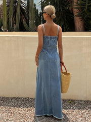 [2026Ss]Vintage Distressed Washed Denim Long Strap Dress, an Elegant And Stylish Outfit for Women, Made from Comfortable Fabric in a Retro Denim Style