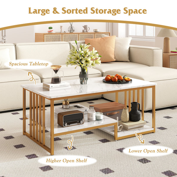 GOFLAME Faux Marble Coffee Table Rectangular 2-Tier Center Table w/ Shelf-White