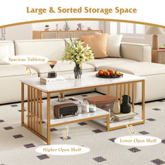 GOFLAME Faux Marble Coffee Table Rectangular 2-Tier Center Table w/ Shelf-White