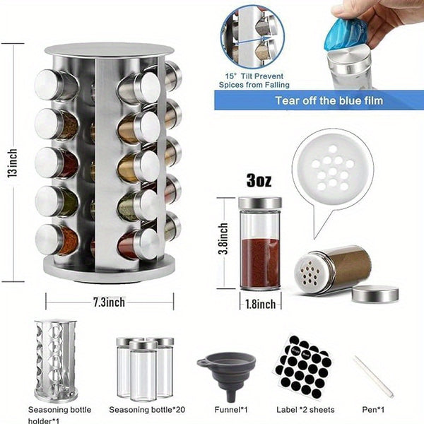 1Set Rotating Spice Rack with Glass Containers - 20pcs Refillable Spice Jars, Black Lids & Labels, Wall-Mounted Kitchen Organizer for Spices, Herbs, and Seasonings, Space-Saving Design for Countertop or Pantry, Spice Jars for Kitchen, Countertop Storage,