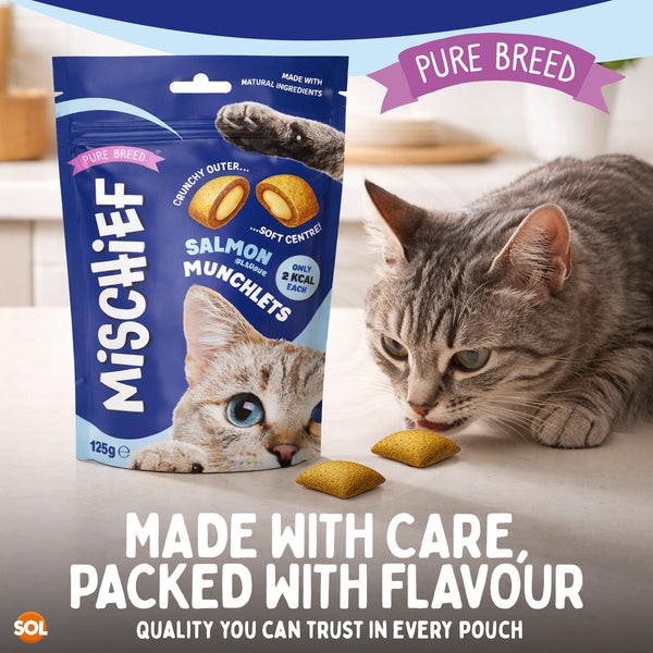 Pure Breed Mischief Cat Treats 6 Pack | Salmon Flavour Pillow Snacks for Cats | Crunchy Outside & Creamy Inside | Low Calorie Dual Texture Cat Bites (Only 2 kcal Each) | Natural Resealable Cat Treat Pouches
