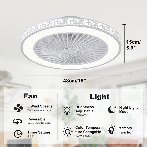 48cm Ceiling Fan with Light and Remote Control, 6 Speeds and 3000K-6000K Dimmable Silent Ceiling Fan Light, Smart Modern LED Fan Light for Bedroom, Living Room, Dining Room