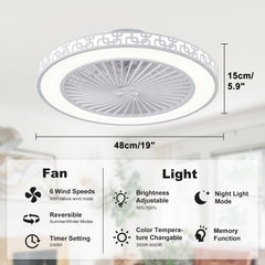 48cm Ceiling Fan with Light and Remote Control, 6 Speeds and 3000K-6000K Dimmable Silent Ceiling Fan Light, Smart Modern LED Fan Light for Bedroom, Living Room, Dining Room