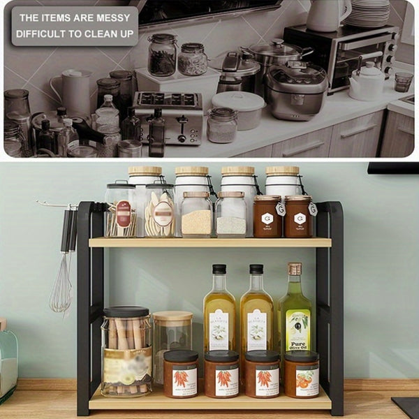 Two-Tier Dish Drying Rack for The Kitchen, Spice Organizer with Hooks And Adjustable Shelf, Freestanding Kitchen Storage Unit for Dishes, Cups, And Cutting Boards