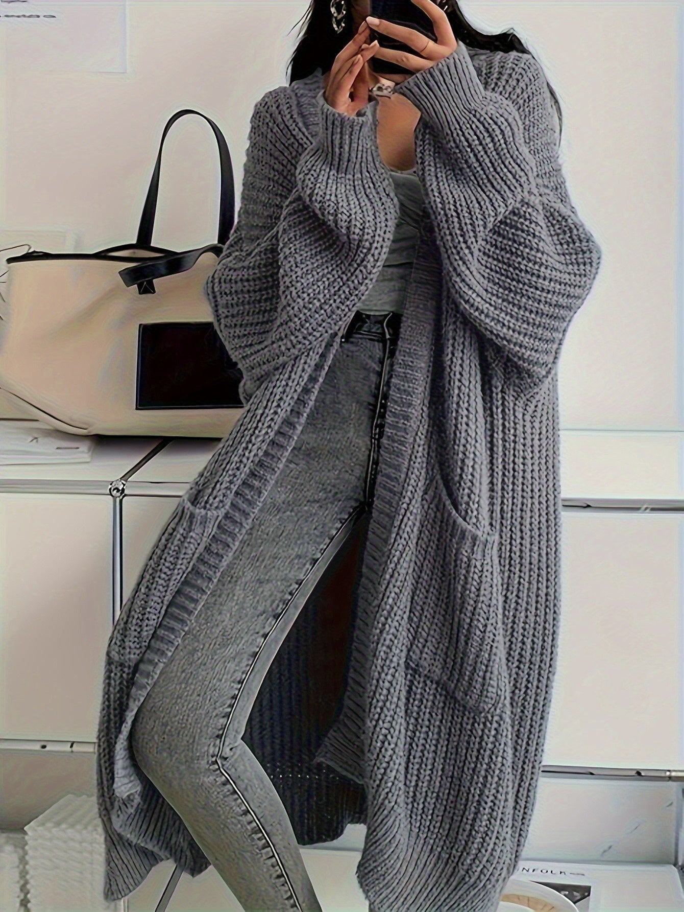 Women's Elegant Casual Solid Color Cardigan - Medium-Length Open Front Blouse with Long Sleeves, Machine Washable Swe Coat for Fall/Winter Daily Wear & for travel, Layering Piece under Jackets or Dresses