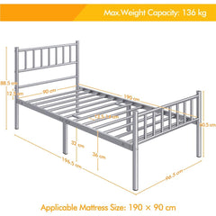 Costoffs Metal Bed Frame, Single/Double Size Bed Platform with Slatted Headboard and Footboard, Solid Slat Support, Large Storage Space, Easy Assembly Bed, Modern Mattress Foundation, Black/White/Pink/Silver