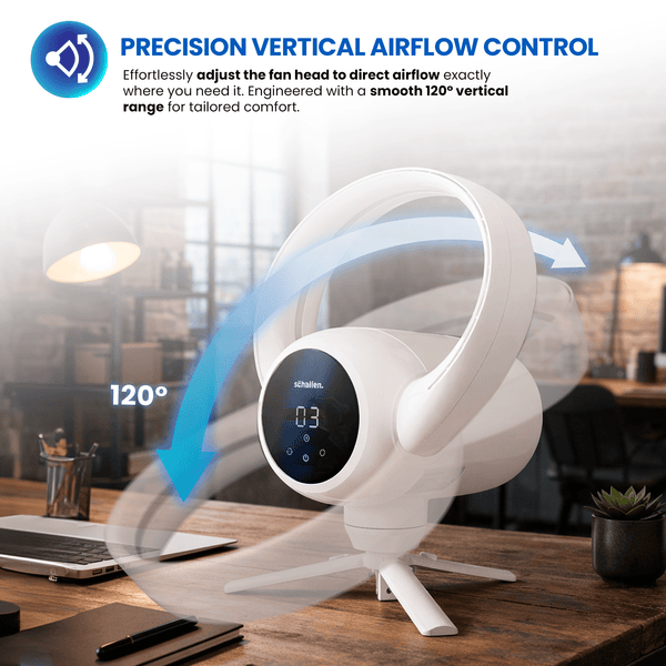 Schallen White 2 In 1 Bladeless Fan Floor and Desk Table Fan with Digital Display and Remote Control, Quiet Adjustable Cooling Fan for Home Office Bedroom, Modern White and Black Tower Fan with Safe Bladeless Airflow, Portable Standing or Desktop Fan with