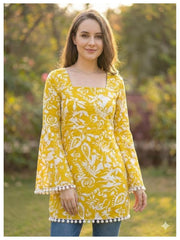 Estationeryhouse Cotton Printed Kurta Top, Long Sleeves, with White Tassels and Drawstring for Adjusting at Back