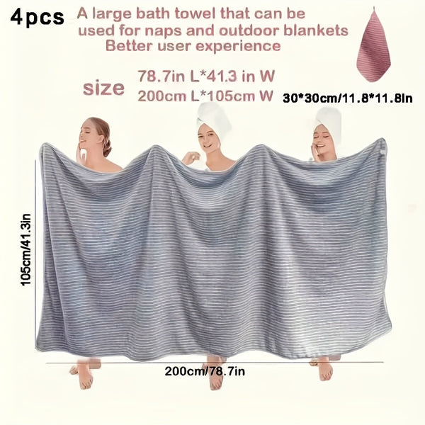 4pcs Extra Large Bath Towel Set with Star Stripes, Full Body Wrap Towel, Face Towel, and Hair Towel - 1pc Extra Soft Coral Fleece Bath Towel (200x105cm) + 3pcs Square Towels (30x30cm), Quick-Dry, Lint-Free, Durable - Ideal for Home, Beach, Outdoor Use - P