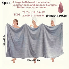 4pcs Extra Large Bath Towel Set with Star Stripes, Full Body Wrap Towel, Face Towel, and Hair Towel - 1pc Extra Soft Coral Fleece Bath Towel (200x105cm) + 3pcs Square Towels (30x30cm), Quick-Dry, Lint-Free, Durable - Ideal for Home, Beach, Outdoor Use - P