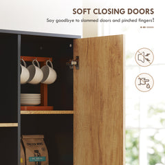 160cm Tall Kitchen Cupboard, Kitchen Pantry Sideboard with 2 Open Shelves, 2 Drawers, Adjustable Shelves and Soft Close Door, Storage Cabinet for Living Room, Dinning Room, Natural Wood Finish