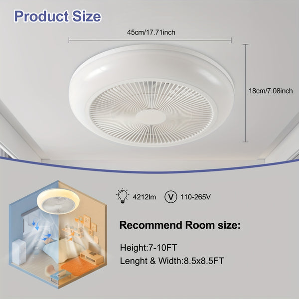 1pc Ceiling Fans with Lights, LED Fan Light Kit, Low Profile Ceiling Fans, Bladeless Ceiling Fan Remote Control Enclosed Flush Mount Ceiling Fan with Timming, 3000-6000K for Living Room, Bedroom, Attic, Kitchen, Laundry Room, Dining Room