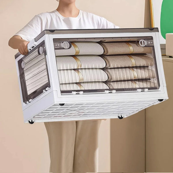 Extra Large Storage Bins with Lids, Plastic Stackable Toy Storage Box Organizer with Wheels, Foldable Rolling Storage Containers Storage Trunk for Clothes Snacks Toys Sundries Books Camping, Perfect for Living Room, Bedroom, Dorm, 61.5x42x34.5cm
