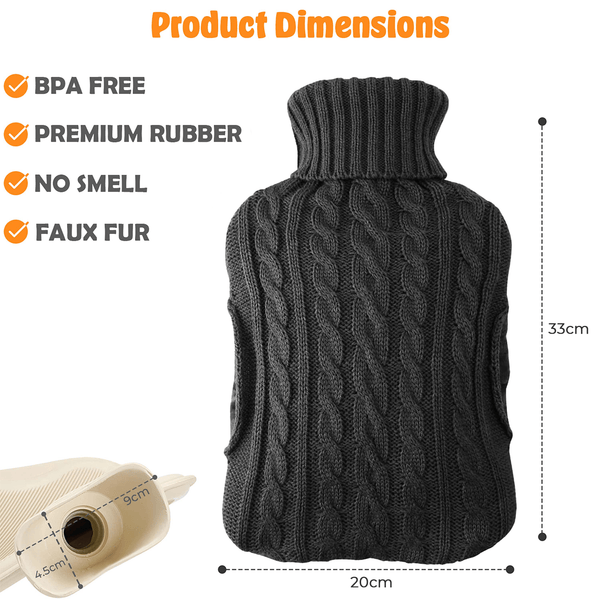 2L Hot Water Bottle with Built in Pockets & Knitted Cover Bag - Natural Rubber, Hot Water Bag for Hot and Cold Compress, Neck and Shoulder Pain – Hand Feet Warmer