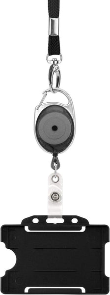 Retractable Lanyard and Badge Holder Trio Triple Pack by Lanyardstomorrow - Set Includes a Single Plain Lanyard, Extendable Carabiner Yoyo Reel Clip and Rigid ID Card Holder (Black)