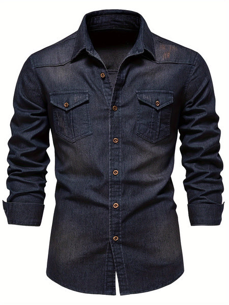 New Men'S Denim Shirt, Casual Solid Color Men'S Long Sleeve Dress Shirt