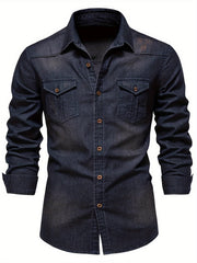 New Men'S Denim Shirt, Casual Solid Color Men'S Long Sleeve Dress Shirt