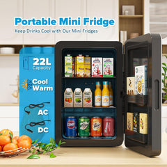 Mini Fridge 22L/ 30 Cans Cooler and Warmer Portable Mini Fridge for Bedrooms with Adjustable Shelves, AC+12V DC Small Fridges for Car, Office, Travel, Skincare, Cosmetics, Drinks (Black)