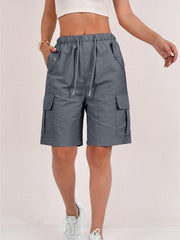 1pc Women' Elastic Waist Drawstring Cargo Shorts with Button Flap Pockets - Knee-Length Bermuda Utility Shorts Suitable for, Camping, Casual Wear, Machine Washable Multi- Shorts for Outdoor & Daily Outfits