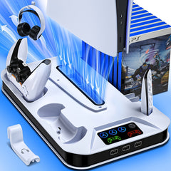 For Ps5/Slim/Pro Cooling Station Stand with Dual Controller Charging Station for Playstation 5 Console, for PS5 Additions Incl. Controller Charger, Cooling Fan, Headset Holder, 3 USB Hub