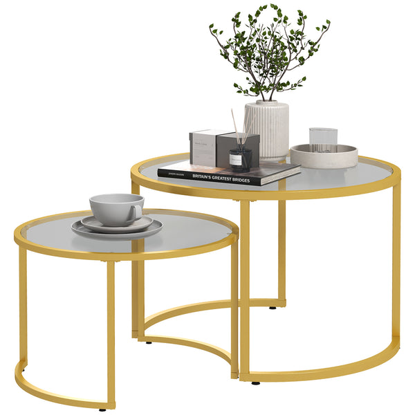 Glass Coffee Table Set of 2, Round Nest of Tables with Tempered Glass Tabletop and Steel Frame, Modern Side Tables for Living Room, Black